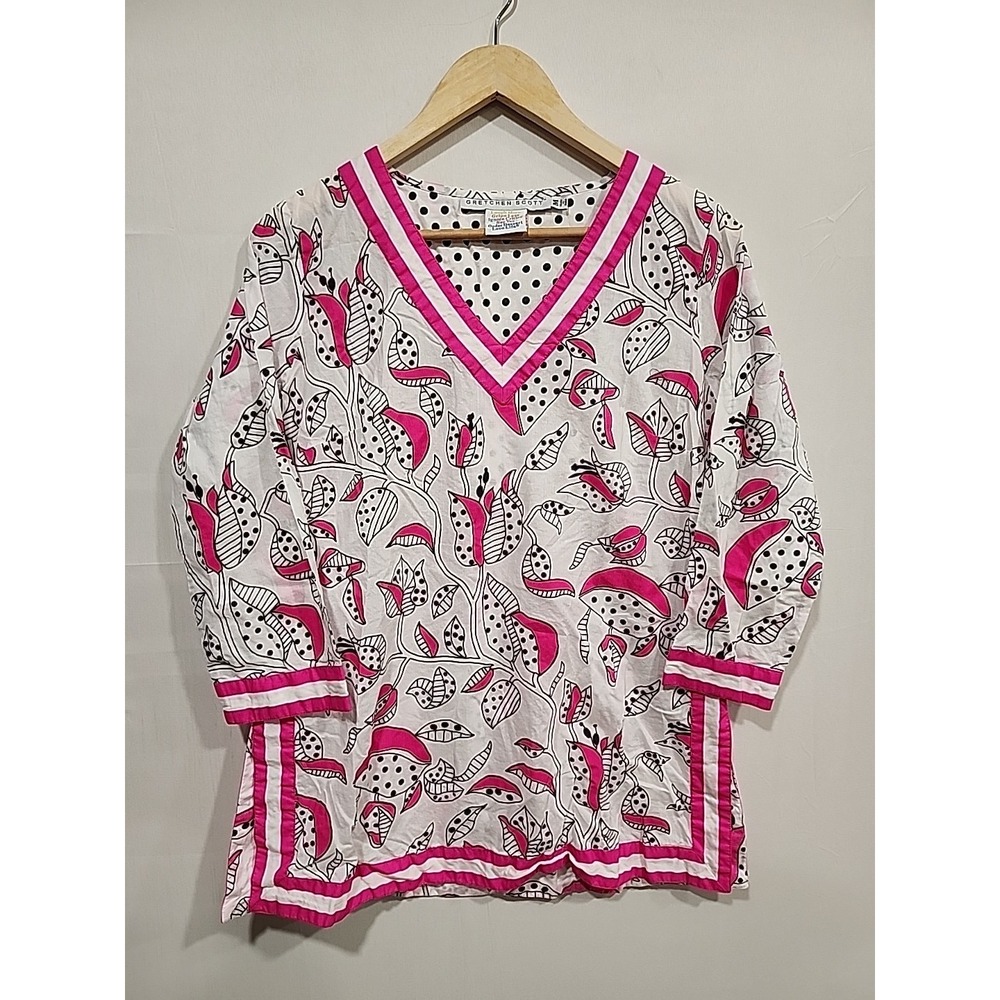 Gretchen Scott‎ Tunic Blouse Womens M White, Abstract Floral Print 100% Cotton